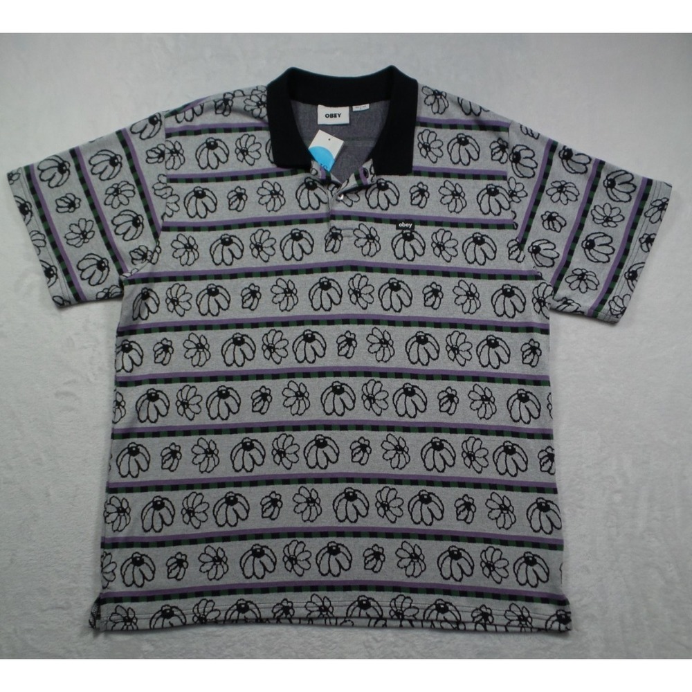 Obey Shirt Mens Size Large Gray Expand Floral Jacquard Short Sleeve Stretch NWT